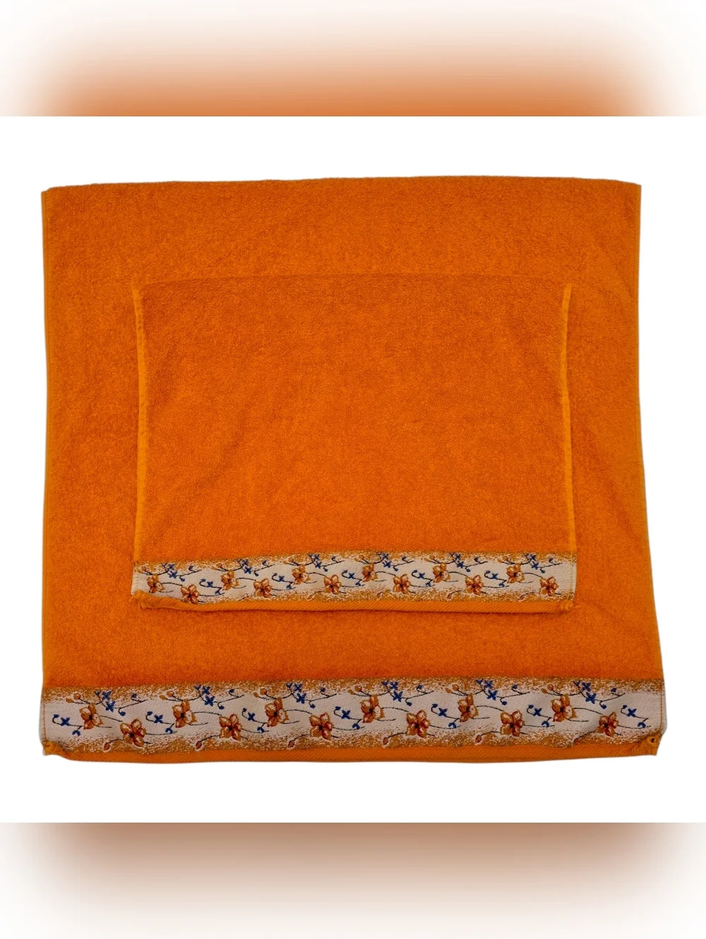 Vintage Döhler 2pc Bath Towel Set Orange Made in Brazil Floral Woven Trim Dohler